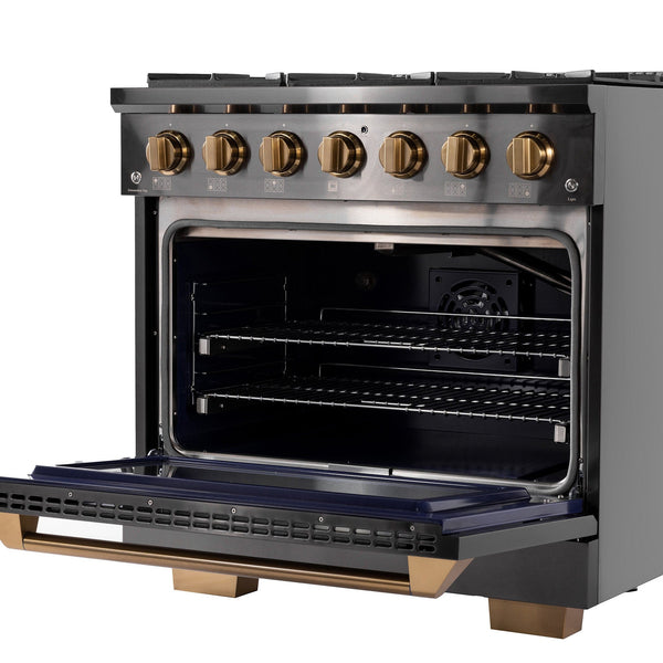 Kucht Gemstone Professional 36 in. 5.2 cu. ft. Natural Gas Range with Sealed Burners and Convection Oven in Titanium Stainless Steel KEG363 - in use