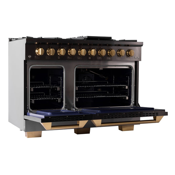 Kucht Gemstone Professional 48 in. 6.7 cu. ft. Natural Gas Range with Sealed Burners, Griddle/Grill and Two Ovens - One Convection - in Titanium Stainless Steel KEG483 - in use
