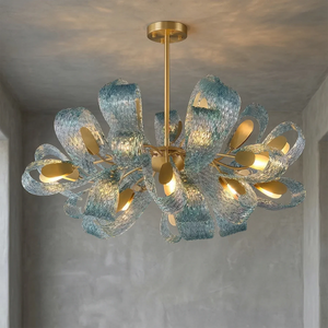 Peacock Blue Petal Art Glass Chandelier