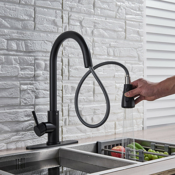 Matte Black Or Brushed Gold Pull Out Spray Kitchen Sink Faucet - detail view