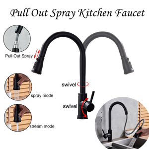 Matte Black Or Brushed Gold Pull Out Spray Kitchen Sink Faucet - side view