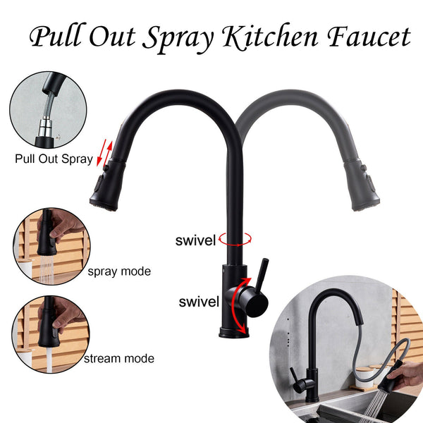 Matte Black Or Brushed Gold Pull Out Spray Kitchen Sink Faucet - side view