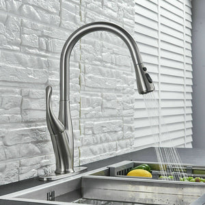 Kitchen Sink Faucet Pull Out Sprayer Brushed Nickel Mixer Tap With Deck Plate - front view