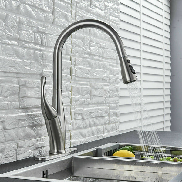 Kitchen Sink Faucet Pull Out Sprayer Brushed Nickel Mixer Tap With Deck Plate - front view