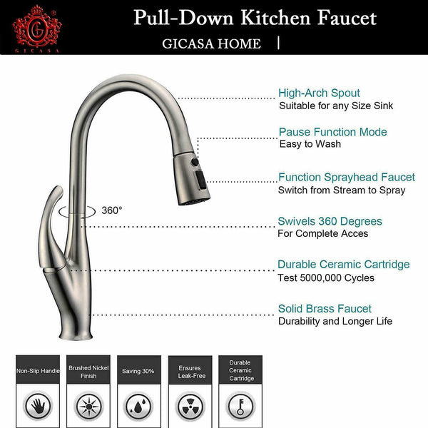 Kitchen Sink Faucet Pull Out Sprayer Brushed Nickel Mixer Tap With Deck Plate - side view