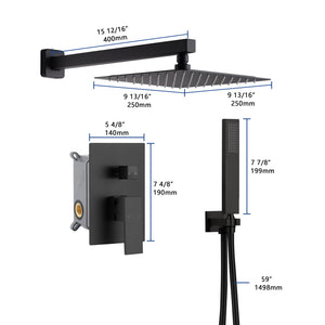 Matte Black Wall Mounted Rainfall Shower Faucet Dual Function with Pressure Balance Rough-In Valve - dimensions