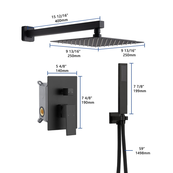 Matte Black Wall Mounted Rainfall Shower Faucet Dual Function with Pressure Balance Rough-In Valve - dimensions