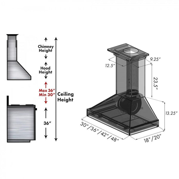 ZLINE 30' Unfinished Wooden Wall Range Hood, KBUF-30 - dimensions