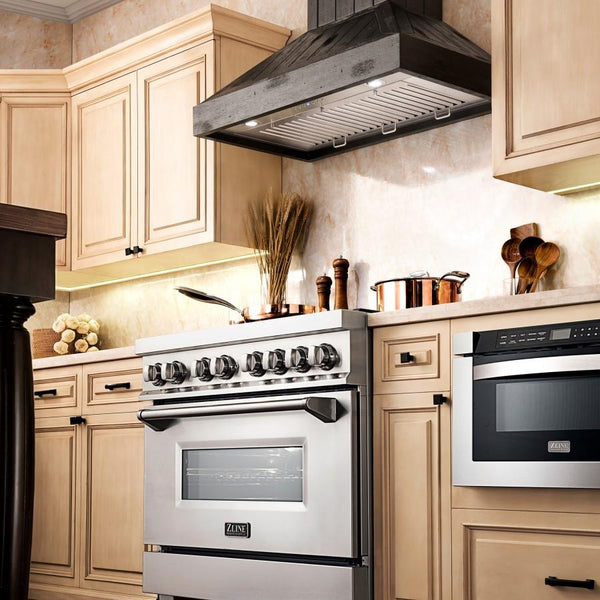 ZLINE 36' Wooden Wall Range Hood, Rustic Dark, KPDD-36 - close-up