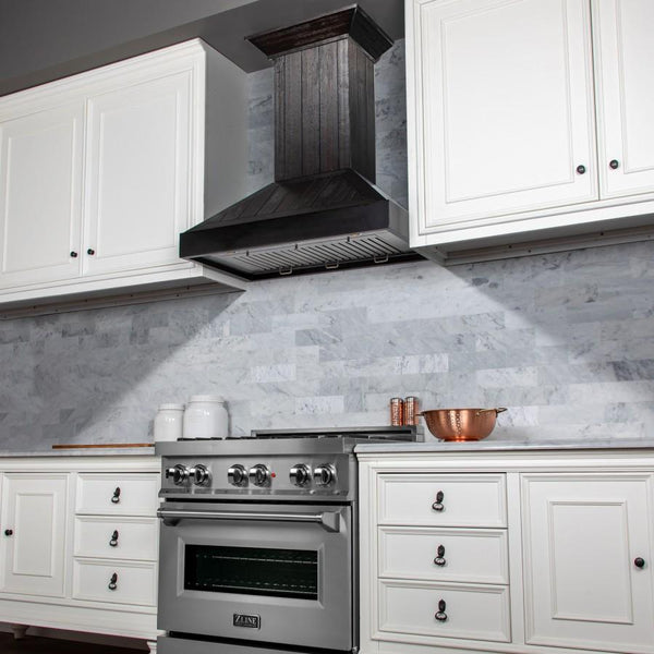 ZLINE 36' Wooden Wall Range Hood, Rustic Dark, KPDD-36 - lifestyle photo