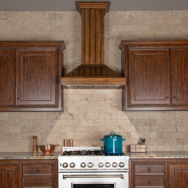 ZLINE 36' Wooden Wall Range Hood, Rustic Light, KPLL-36 - in use