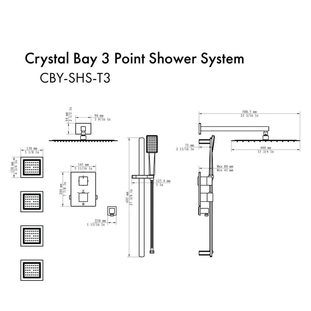 ZLINE Crystal Bay Thermostatic Shower System with Body Jets CBY-SHS-T3-MB