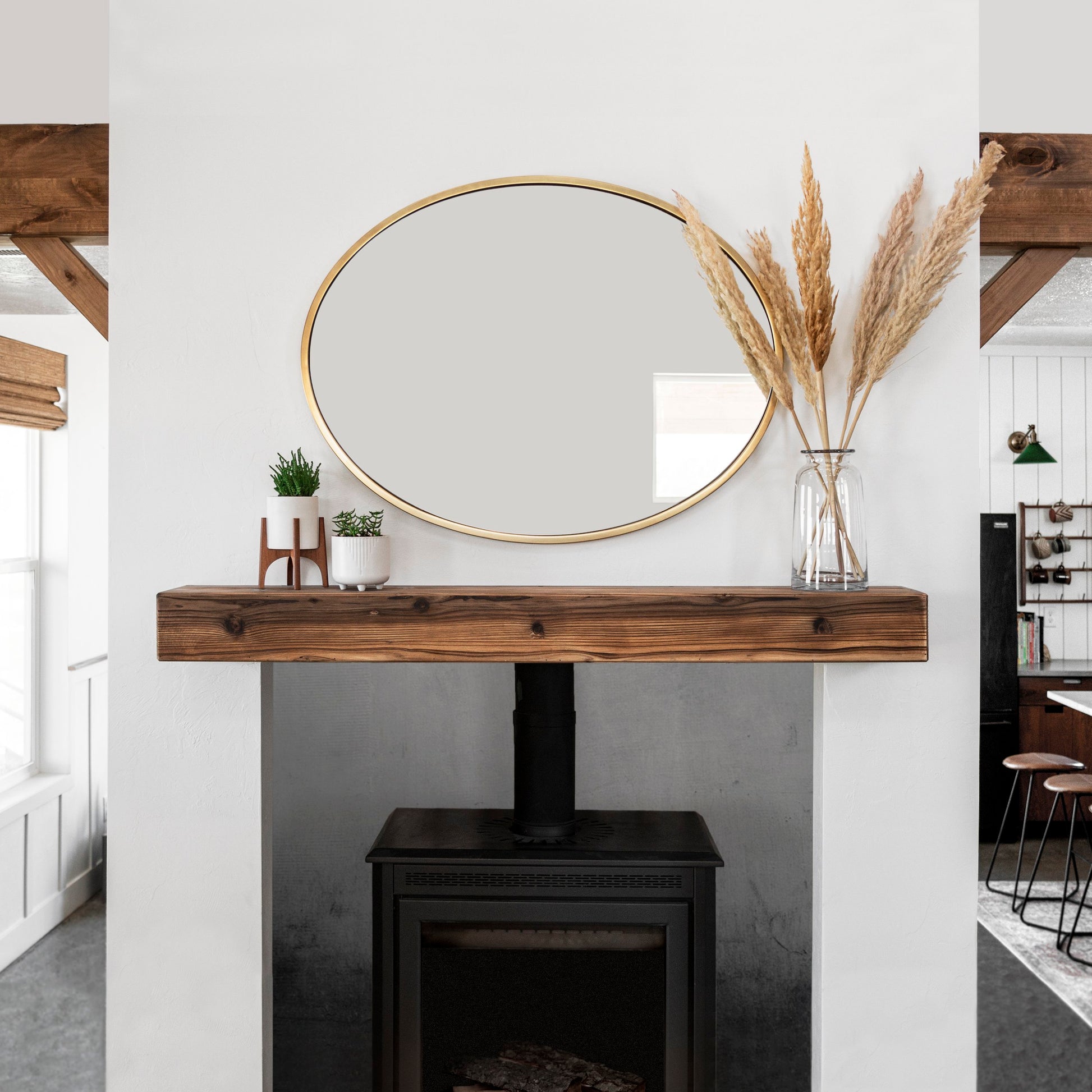 Burnt Almond weathered beam wood mantel above a fireplace